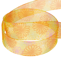 Article Ruban cadeau, ruban d'organza à motif floral, jaune/orange, 25 mm x 18 m