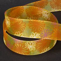 Article Ruban cadeau, ruban d'organza à motif floral, jaune/orange, 25 mm x 18 m
