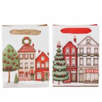 Article Lot de 2 sacs cadeaux de Noël 12 x 6 x 16 cm, maisons et sapin, anses en ruban colorées
