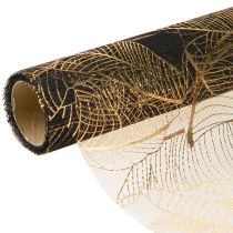 Article Chemin de table en organza noir-or – élégant rouleau de tissu décoratif à motif de feuilles 48 x 450 cm