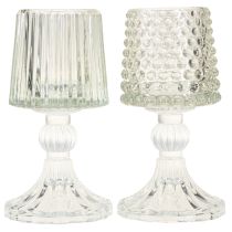 Article Lot de 2 photophores en verre avec pied, motifs points et rainures, 15 cm