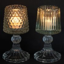 Article Lot de 2 photophores en verre avec pied, motifs points et rainures, 15 cm