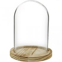 Cloche décorative, coupole en verre avec plaque en bois, décoration de table H16cm Ø12.5cm