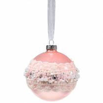 Boule en verre rose avec dentelle et perles 3pcs