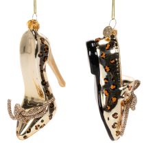 Article Ornements en verre motif léopard chaussons et escarpins pour sapin de Noël 13cm, lot de 2