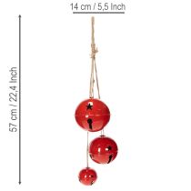 Article Clochettes en métal rouges 3 pièces avec corde en jute 14/12/8 cm