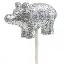 Cochon porte-bonheur Nouvel An porte-bonheur sur bâton argent 3cm 6pcs