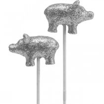 Cochon porte-bonheur Nouvel An porte-bonheur sur bâton argent 3cm 6pcs