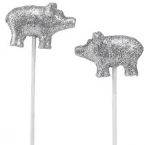 Article Lot de 6 porte-bonheur cochons pailletés argentés sur bâtonnet 3 cm