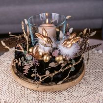 Article Lapin doré assis en terre cuite dorée avec plumes H10cm 4 pcs