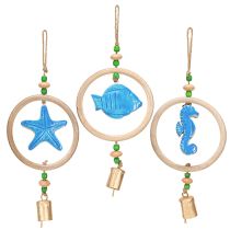 Article Décoration à suspendre carillon éolien maritime bois naturel bleu H35cm 3pcs