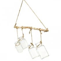 Article Décoration de fenêtre en bois avec vases en verre suspendus pour compositions florales