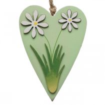 Coeurs décoratifs à suspendre avec fleurs bois vert, blanc 8.5×12cm 4pcs