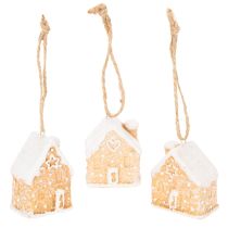 Article Maison en pain d'épice en céramique à suspendre, décoration d'hiver et de Noël, 6 cm, lot de 3