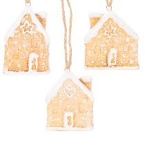 Article Maison en pain d'épice en céramique à suspendre, décoration d'hiver et de Noël, 6 cm, lot de 3