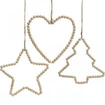 Article Suspension déco Noël perles en bois coeur arbre étoile H16cm 3pcs