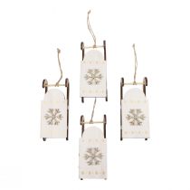 Article Lot de 4 mini luges en bois blanc et or avec cordelette, 15,5 cm