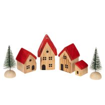 Article Set de maisons décoratives en bois avec sapins et toits rouges, 12 cm, 6 pièces