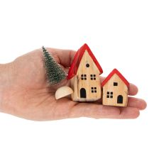 Article Set de maisons décoratives en bois avec toits rouges et sapins, 12 cm, 6 pièces