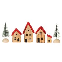 Article Set de maisons décoratives en bois avec toits rouges et sapins, 12 cm, 6 pièces