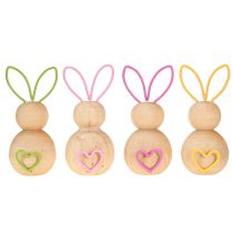 Article Figurines lapins en bois avec oreilles en fil de fer colorées – 11 cm – Lot de 4