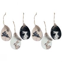 Article Lapin dans l&#39;oeuf oeufs de Pâques en bois à suspendre blanc noir 10cm 6 pcs