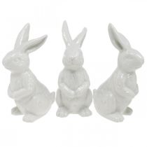 Lapin de Pâques en céramique blanc assis Décoration de Pâques H14,5cm 3pcs