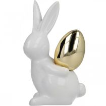 Article Lapins avec oeuf d'or, lapins en céramique pour Pâques blanc noble, doré H13cm 2pcs