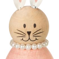 Article Figurines décoratives de lapins en bois pastel, lapins de Pâques avec collier de perles, 14,5 x 5 cm, lot de 3