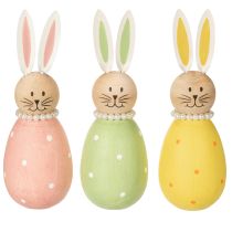Article Figurines décoratives de lapins en bois pastel, lapins de Pâques avec collier de perles, 14,5 x 5 cm, lot de 3