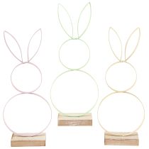 Article Lapin Décoration Métal Bois Naturel Jaune Menthe Rose H28cm 3 Pcs