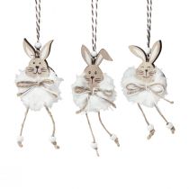 Article Set de 6 lapins décoratifs en bois à suspendre – Blanc et naturel – 5 × 12 cm