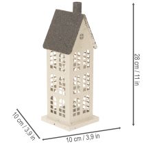 Article Maison décorative en métal avec fenêtres et cheminée 28 cm beige et gris
