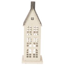Article Maison décorative en métal avec fenêtres et cheminée 28 cm beige et gris