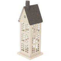 Article Maison décorative en métal avec fenêtres et cheminée 28 cm beige et gris
