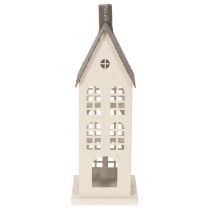 Article Maison décorative en métal avec fenêtres et cheminée 28 cm beige et gris