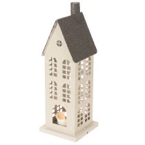 Article Maison décorative en métal avec fenêtres et cheminée 28 cm beige et gris