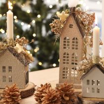 Article Maison décorative en métal avec fenêtres et cheminée 28 cm beige et gris