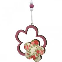 Article Pendentif printemps, fleur coeur papillon, décoration en bois avec motif floral H8,5/9/7,5cm 6 pcs