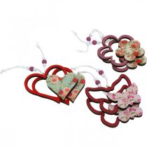Article Pendentif printemps, fleur coeur papillon, décoration en bois avec motif floral H8,5/9/7,5cm 6 pcs