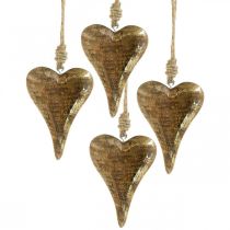 Coeurs en bois avec décor doré, bois de manguier, pendentifs décoratifs 10cm × 7cm 8pcs