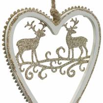 Article Coeurs à suspendre avec marqueterie bois, plastique blanc, doré, Ø9,2cm H12cm 4 pcs