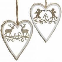 Article Coeurs à suspendre avec marqueterie bois, plastique blanc, doré, Ø9,2cm H12cm 4 pcs