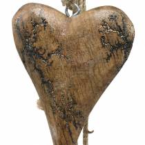 Coeurs en bois avec incrustations de paillettes sur un fil à suspendre naturel L60cm