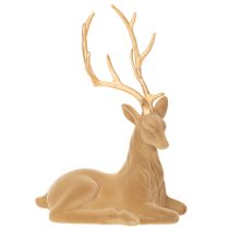 Article Figurine décorative cerf assis avec bois dorés 58 cm en matériau floqué marron clair