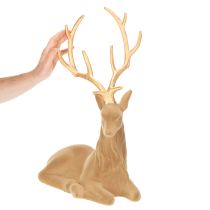 Article Figurine décorative cerf assis avec bois dorés 58 cm en matériau floqué marron clair