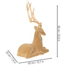 Article Figurine décorative cerf assis avec bois dorés 58 cm en matériau floqué marron clair