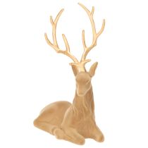 Article Figurine décorative cerf assis avec bois dorés 58 cm en matériau floqué marron clair