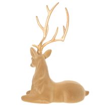 Article Figurine décorative cerf assis avec bois dorés 58 cm en matériau floqué marron clair