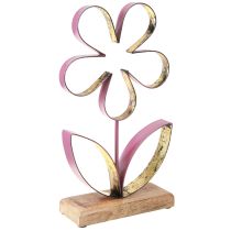 Article Fleur décorative bois métal sur socle vieux rose doré H35cm